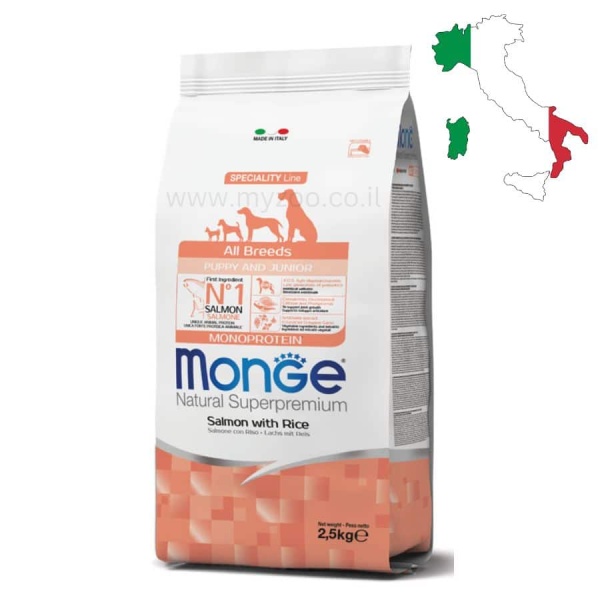 מונג', מזון יבש לגורים מכל הגזעים בטעם סלמון ואורז - Monge, Puppy & Junior Salmon with Rice