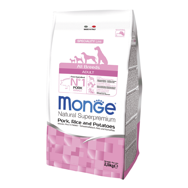 מונג' סופר פרימיום לכלבים בוגרים מכל הגזעים בטעם בשר חזיר אורז ותפוחי אדמה