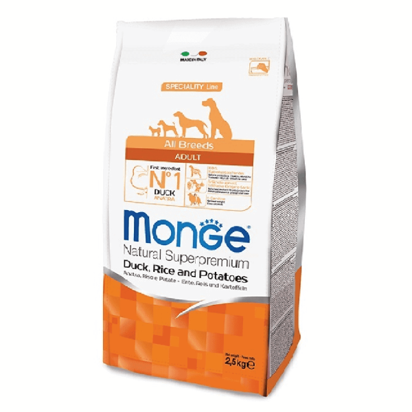 מונג' סופר פרימיום לכלבים בוגרים מכל סוגי הגזעים בטעם בשר ברווז אורז ותפוחי אדמה