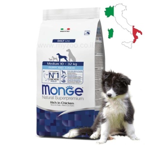 מונג', מזון יבש לגורי כלבים מגזע בינוני, עשיר בבשר עוף - Monge, Medium Puppy & Junior