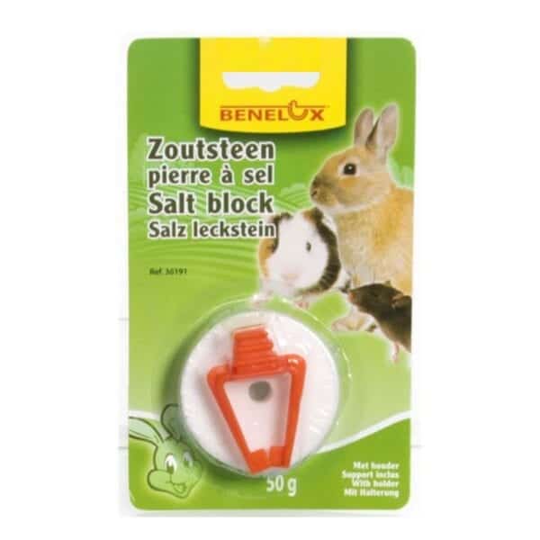 אבן מלח + מתקן תליה מיועד ל - מכרסמים, ארנבות, שרקנים, אוגרים, במשקל 50 גרם של חב' "BENELUX"