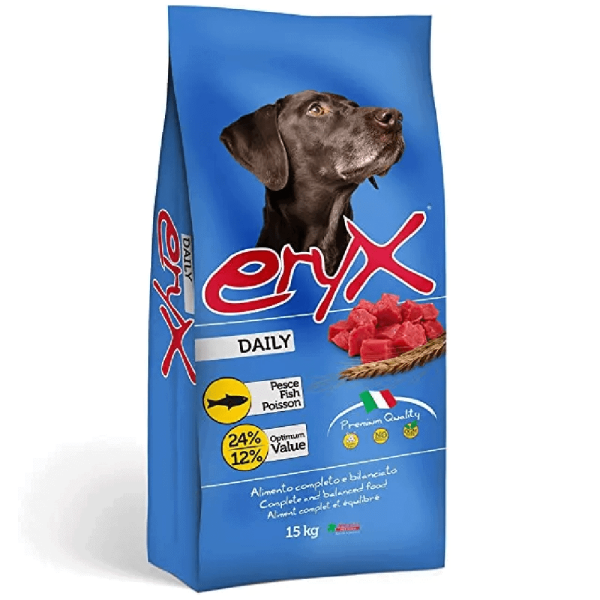 אריקס רגולר, בשר דגים לכלבים בוגרים עם  פעילות בינונית מגיע במשקלים: 3 ק"ג או 15 ק"ג