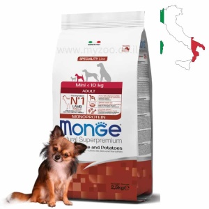 מונג', מזון יבש לכלבים בוגרים מגזע קטן בטעם כבש, אורז ותפוחי אדמה - Monge, Lamb with Rice and Potatoes