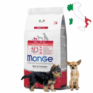 מונג', מזון יבש לגורים מגזע קטן עשיר בבשר עוף - Monge, Mini Puppy & Junior