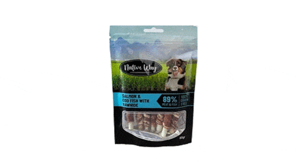 Native Way - חטיף איכותי לכלבים מקל באפלו עטוף בסלמון ודג קוד, משקל 80 גר'