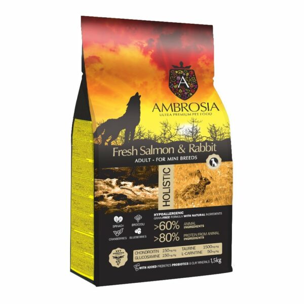 אמברוסיה, מזון אולטרה פרימיום לכלב בוגר רגיש, מיני סלמון וארנבת במשקל 1.5 או 5 ק"ג (קרם)