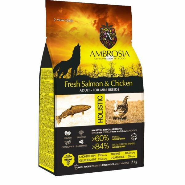 אמברוסיה, מזון אולטרה פרימיום לכלבים, מיני סלמון ועוף במשקל 2 או 6 ק"ג (צהוב)
