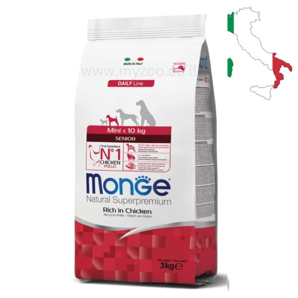מונג', מזון יבש עשיר בבשר עוף לכלבים מבוגרים מגזע קטן 3 ק"ג - Monge, Mini Senior Rich in Chicken
