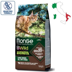 מונג' ביווילד, מזון לחתולים של גזעים גדולים, בשר בופאלו עם תפוחי אדמה ועדשים - Monge BWild, Buffalo with Potatoes and Lentils