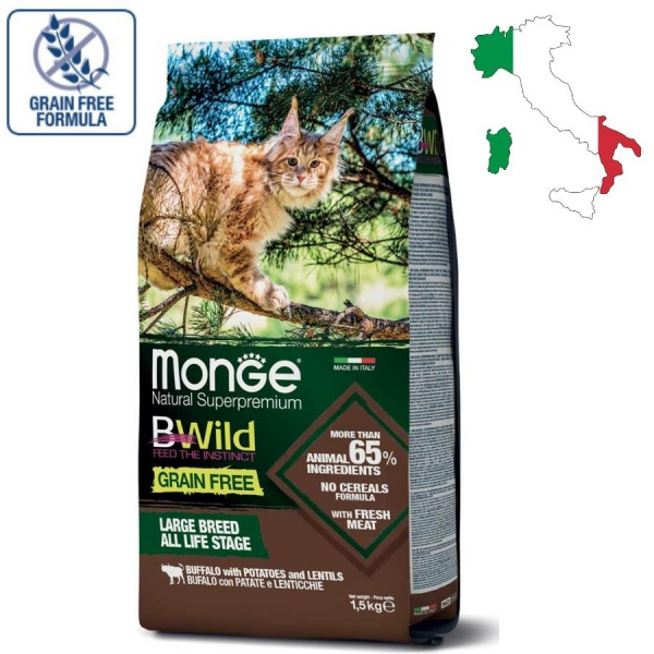 מונג' ביווילד, מזון לחתולים של גזעים גדולים, בשר בופאלו עם תפוחי אדמה ועדשים - Monge BWild, Buffalo with Potatoes and Lentils