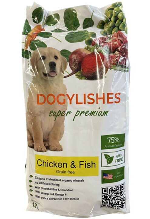 דוגילישס מזון יבש סופר פרימיום, ע"ב עוף ודגים ללא דגנים - 12 ק”ג
