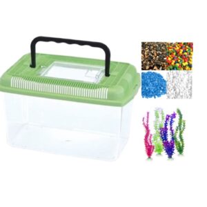 אקווריום פלסטיק קטן + אבנים צבעוניות + צמח פלסטיק - 18.5 ס"מ