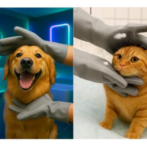 זוג כפפות סיליקון עם מברשת קירצוף לרחיצת בעלי חיים