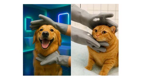 זוג כפפות סיליקון עם מברשת קירצוף לרחיצת בעלי חיים