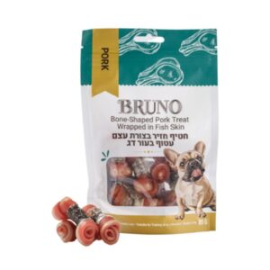 Bruno (ברונו) – חטיף חזיר בצורת עצם עטוף בעור דג לכלב, 80 גרם